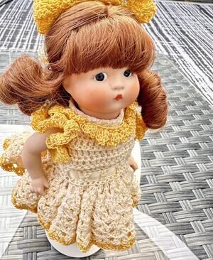 Vintage Kaiser Doll Chicago Girl w/ Handmade Crochet Dress Display Stand